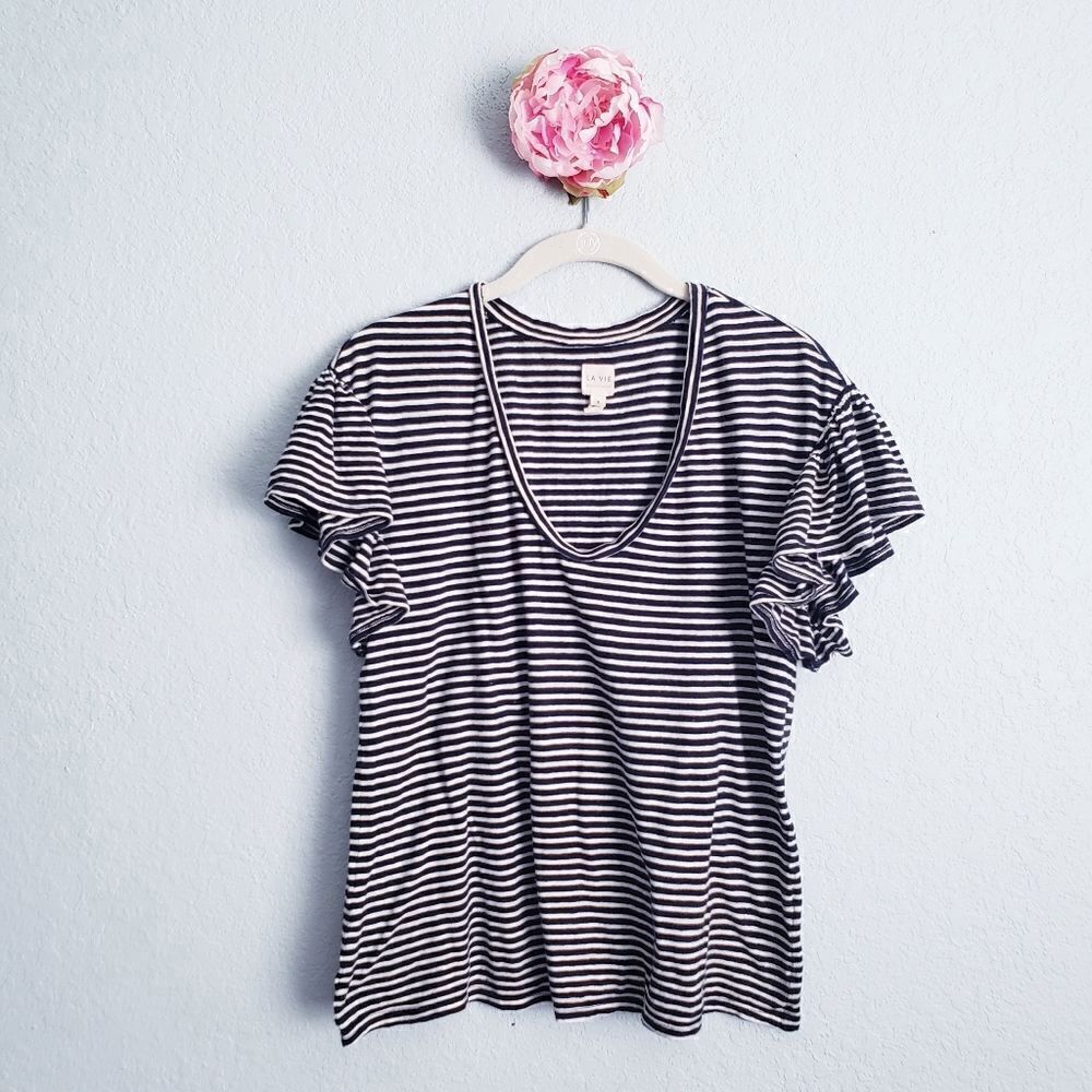 La Vie Rebecca Taylor Black and White Striped V-neck Ruffle Tee